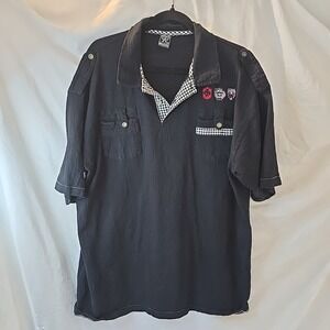 Avirex Polo Shirt Black W/gingham Collar Patches Y2K 90s Grunge Black Sz 2XL